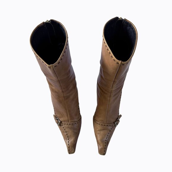 Vintage Prada Stivali Camel Leather Boot 7.5/38 Italian Kitten Heel Back Zip Y2K - Picture 4 of 14